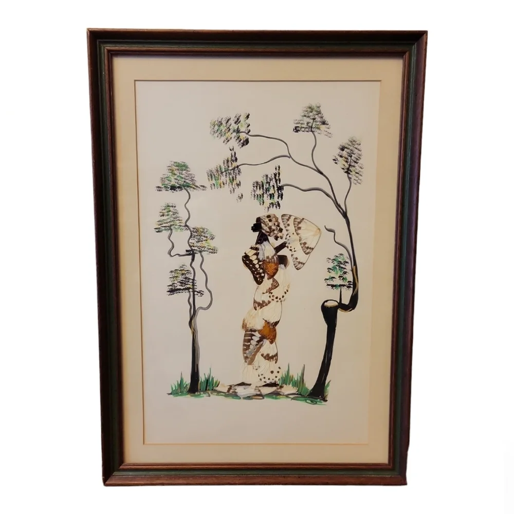 Vintage Butterfly Wing Indigenous African Tribal Framed Hanging Art 12.5
